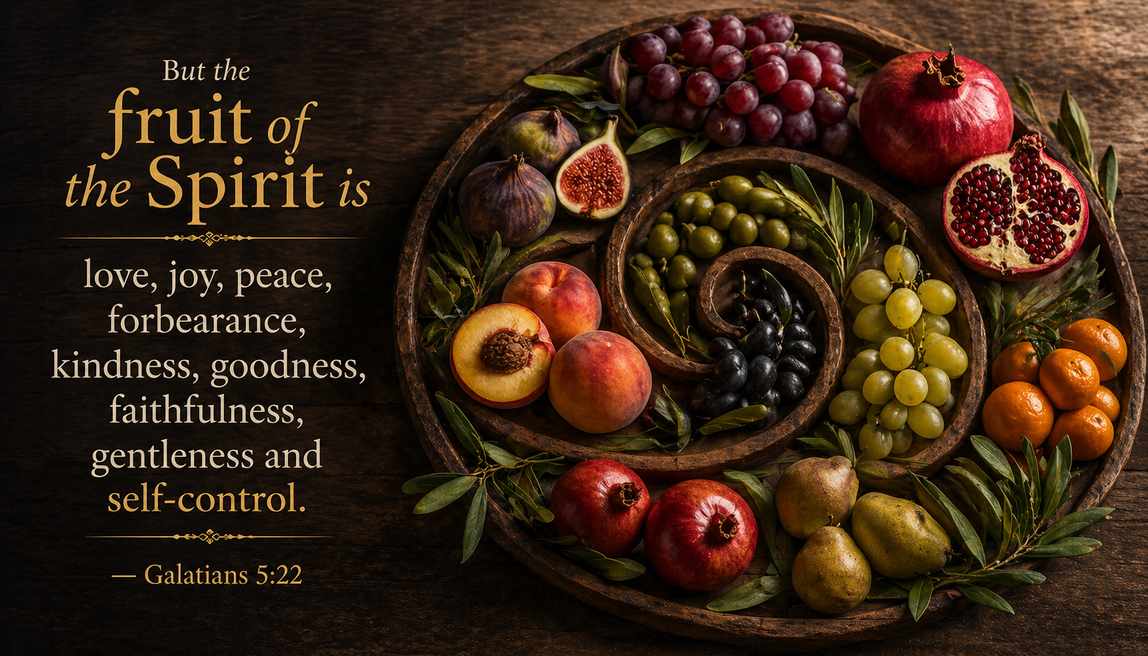 Bible verse wallpaper Galatians 5:22 with nine different fruits arranged in spiral on dark wooden table in warm light